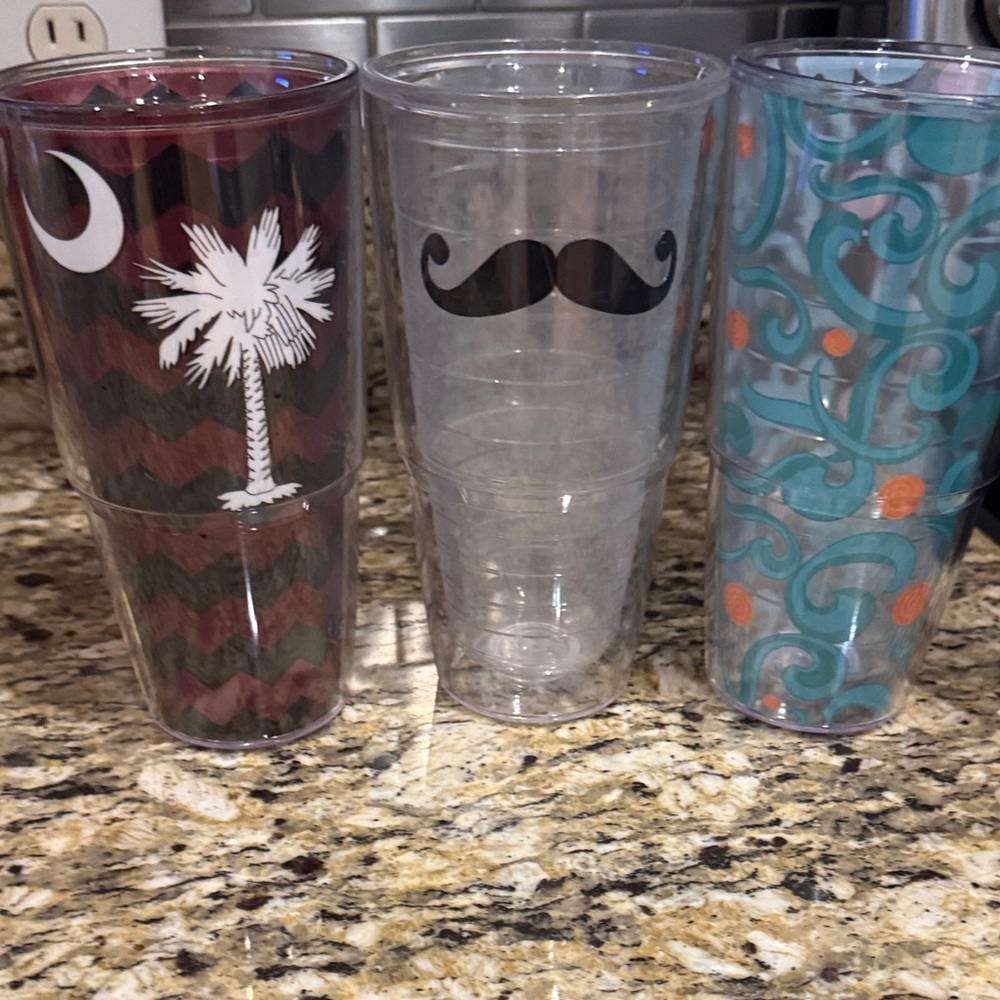 3 Tervis Patterned Tumblers with Red, Black, and Blue Designs